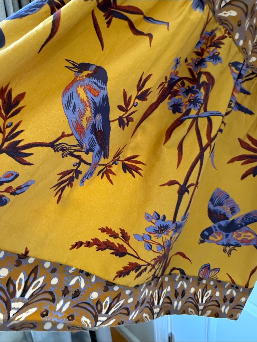 Sundance Parisian Menagerie Tiered Bird Print Midi Skirt in Mustard, Lined, XL - Picture 4 of 14